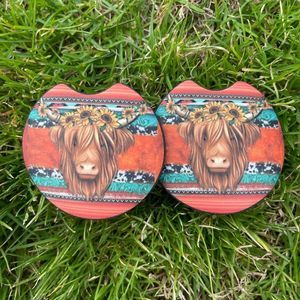 Highland Cow Car Coaster | Car Accessories | Cow Decor | Coaster Set
